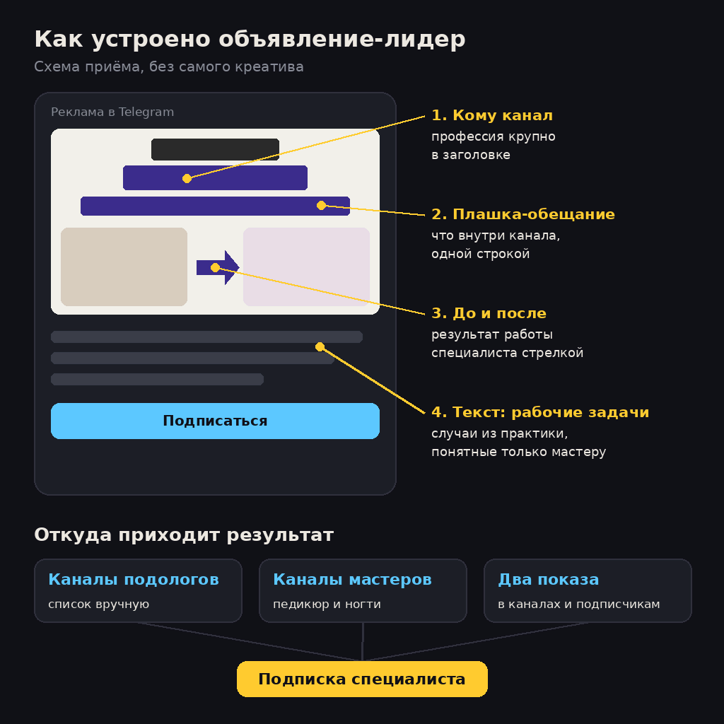 Схема объявления-лидера Telegram Ads для канала подологов: профессия в заголовке, плашка-обещание, до и после, текст про рабочие задачи; источники подписки