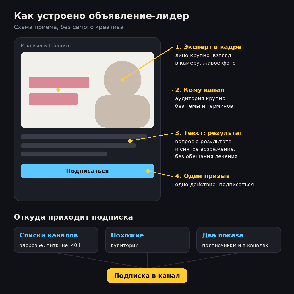 Схема объявления-лидера Telegram Ads для канала нутрициолога: эксперт в кадре, аудитория крупно, текст про результат, один призыв; источники подписки