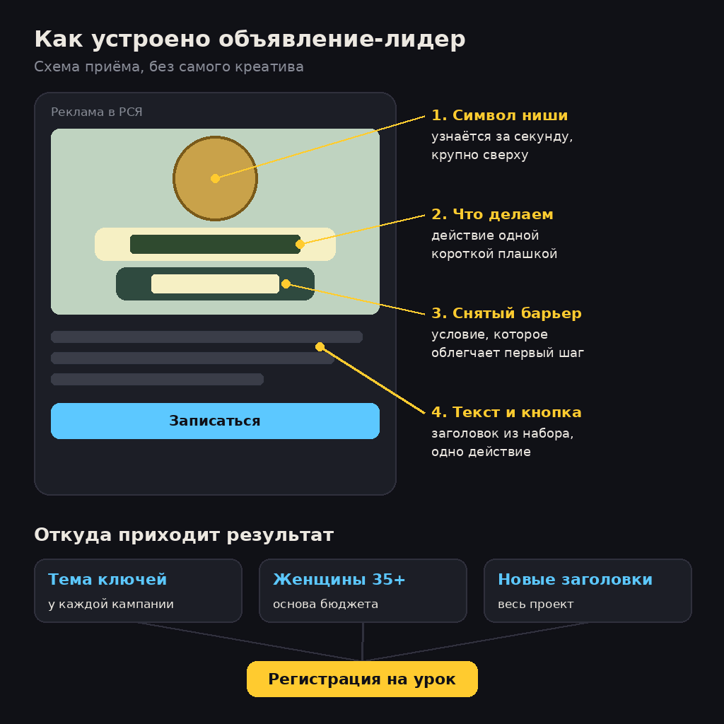 Схема объявления-лидера в РСЯ для онлайн-школы таро: символ ниши, плашка с действием, снятый барьер; источники регистраций