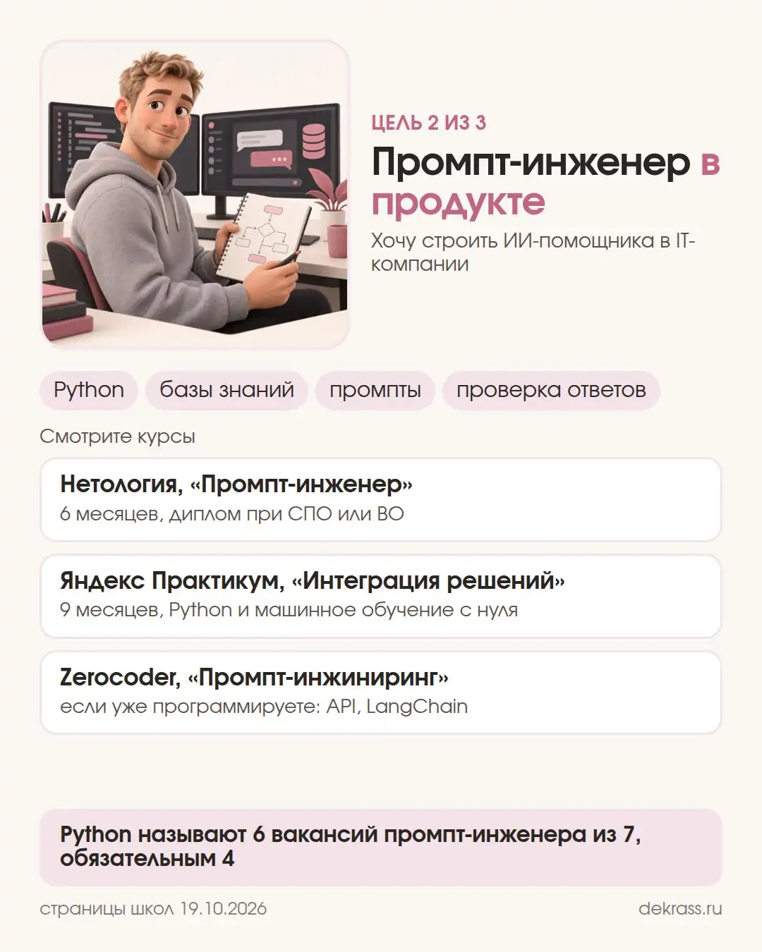Карточка цели: промпт-инженер в продукте, Python и базы знаний, курсы Нетология, Яндекс Практикум и Zerocoder