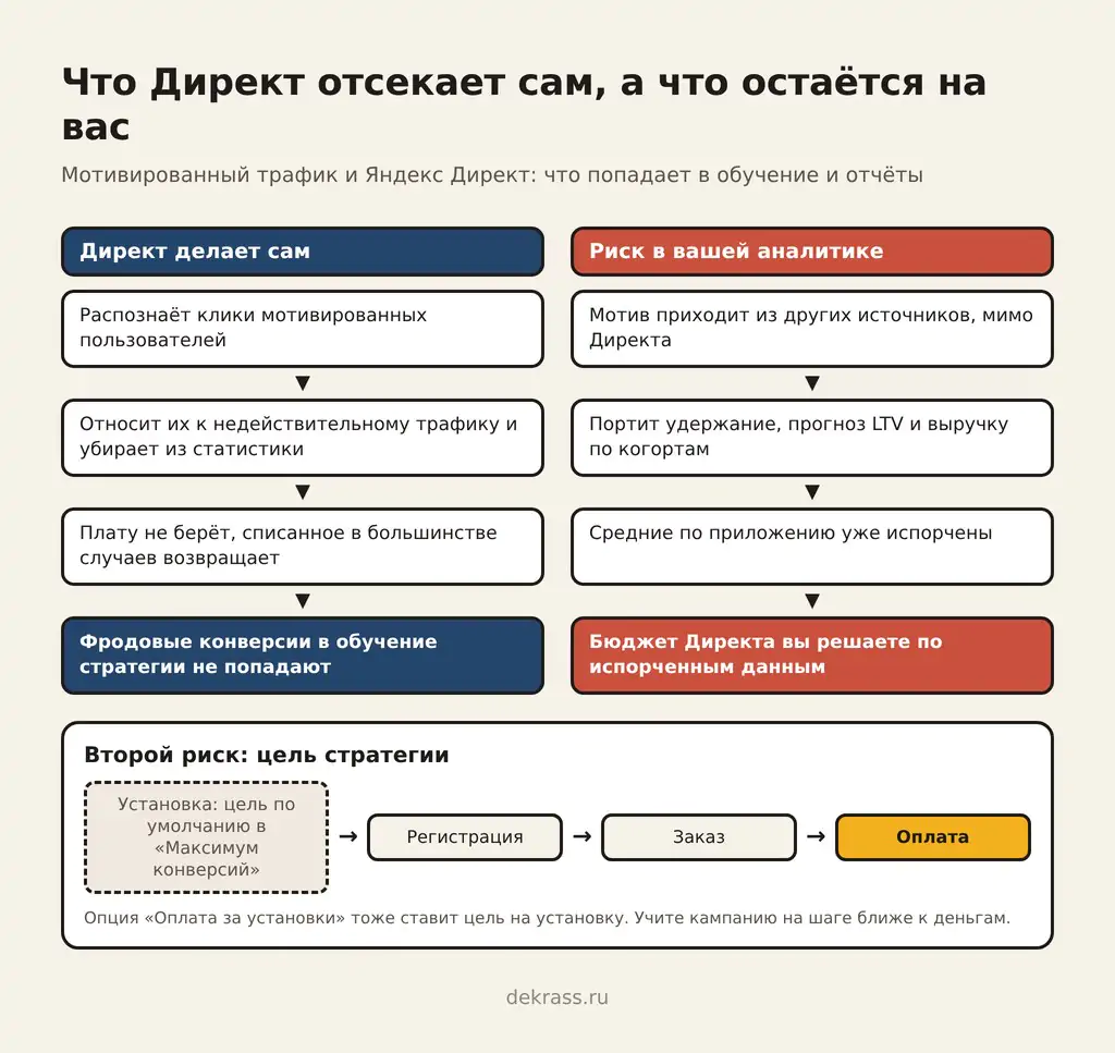 Мотивированный трафик и Яндекс Директ: что Директ отсекает сам и что портит аналитику и цель стратегии