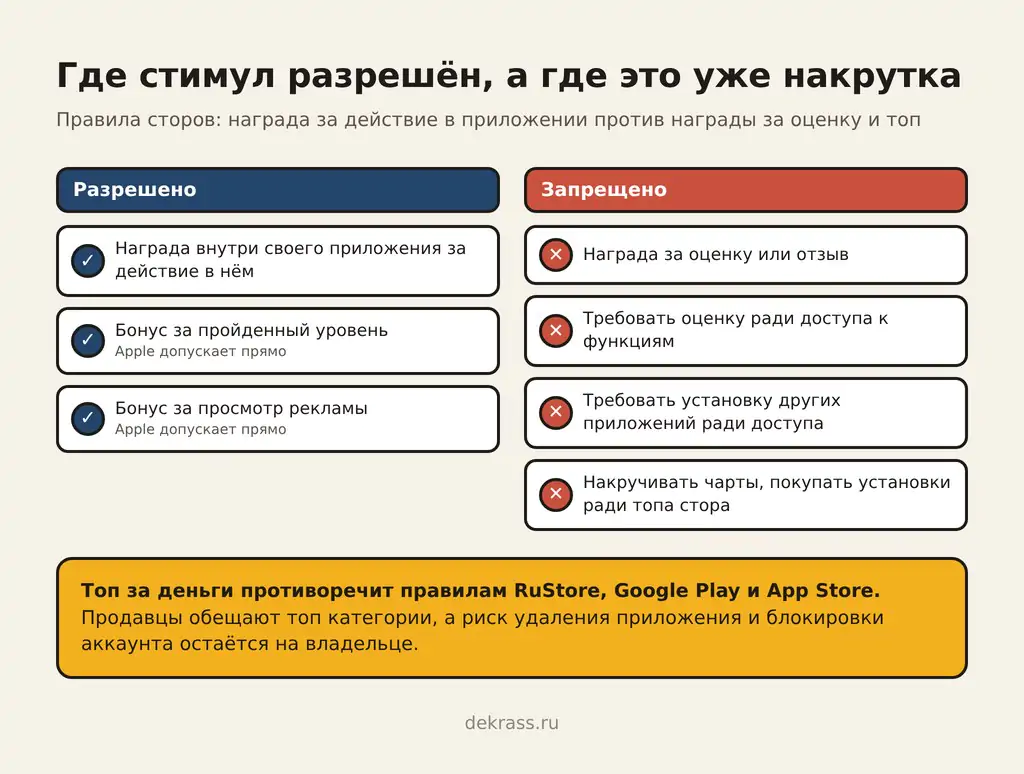 Когда мотивированный трафик разрешён: бонус за уровень и просмотр рекламы против награды за оценку и топа