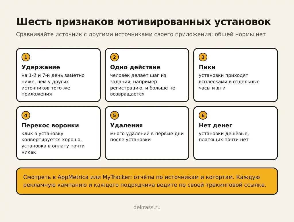 Шесть признаков мотивированных установок в отчётах AppMetrica и MyTracker по источникам и когортам