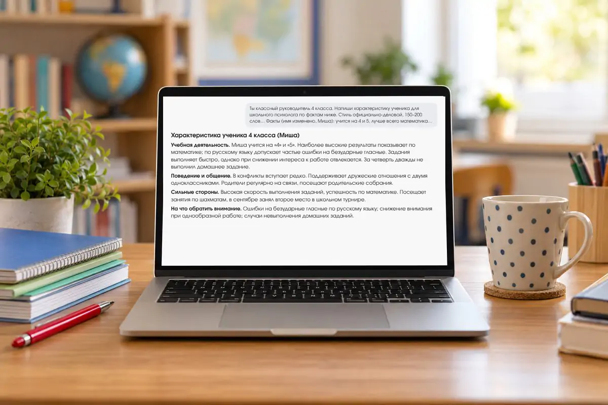 ИИ для классного руководителя: характеристика ученика 4 класса по фактам, ответ DeepSeek на экране ноутбука