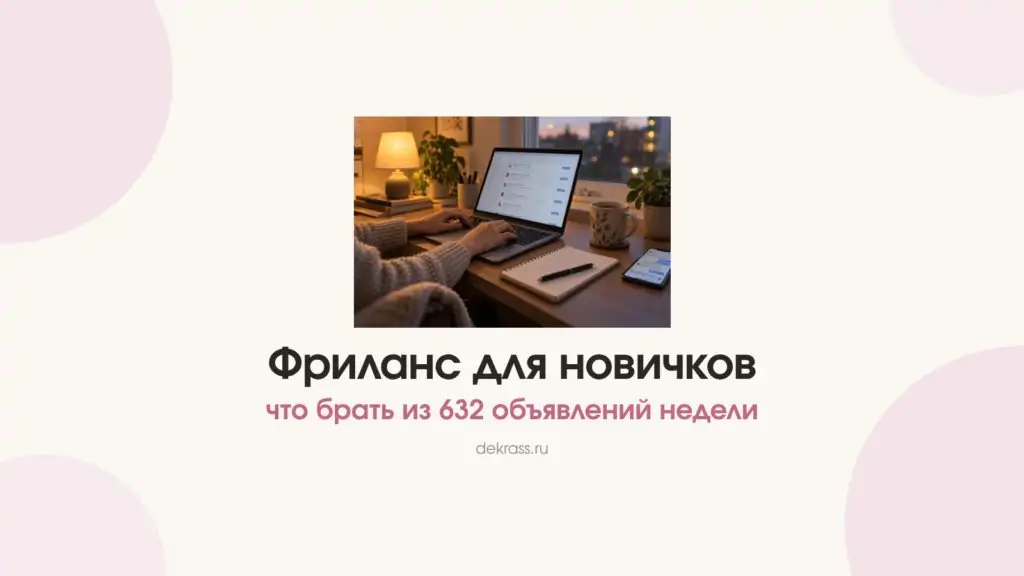 Фриланс для новичков с нуля: руки на ноутбуке со списком объявлений, рядом блокнот с чек-листом и чай у окна