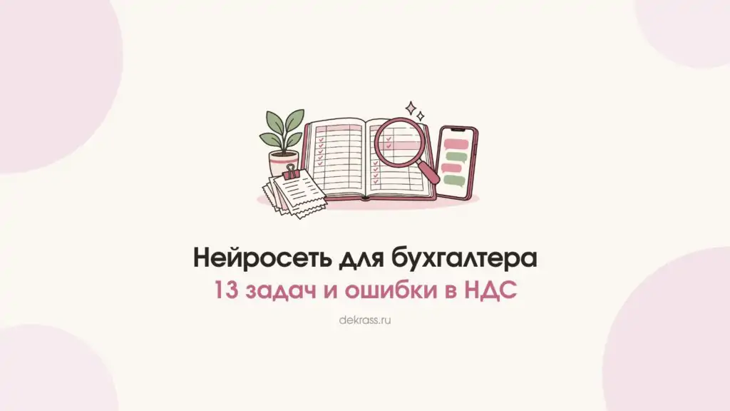 Нейросеть для бухгалтера: открытая книга учёта, лупа над строкой и телефон с чатом
