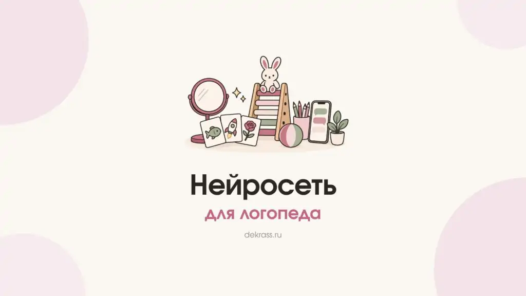 Нейросеть для логопеда: зеркало, карточки с рыбой, ракетой и розой, игрушечная лесенка с зайцем и телефон с чатом