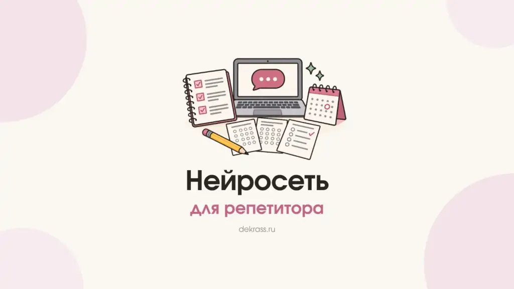 Нейросеть для репетитора: ноутбук с облачком чата, план занятий, карточки заданий в трёх вариантах и календарь