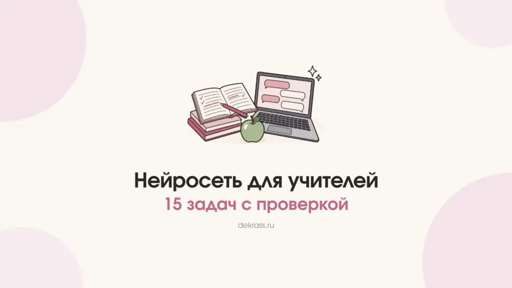 Нейросеть для учителей: тетради с красными пометками, яблоко и ноутбук с окном чата