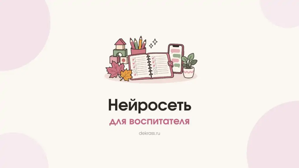 Нейросеть для воспитателя: планер с галочками, осенние листья, кубики и телефон с чатом