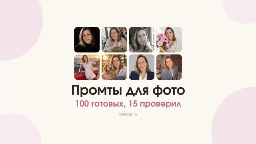 Промты для фото: восемь кадров одной героини, студия, кафе, ч/б, пионы, кабриолет, собака, деловой портрет, кухня 90-х