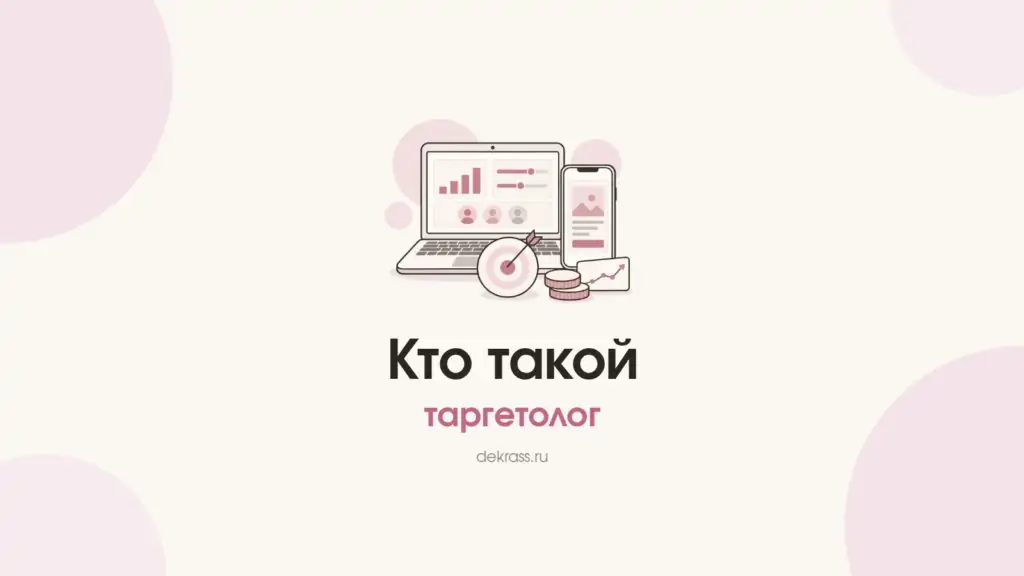 Обложка «Кто такой таргетолог»: ноутбук с рекламным кабинетом, телефон с объявлением, мишень и монеты