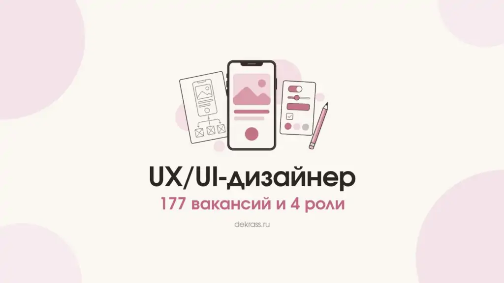 Обложка «UX/UI-дизайнер»: телефон с экраном приложения, набросок экрана со схемой переходов и набор компонентов интерфейса