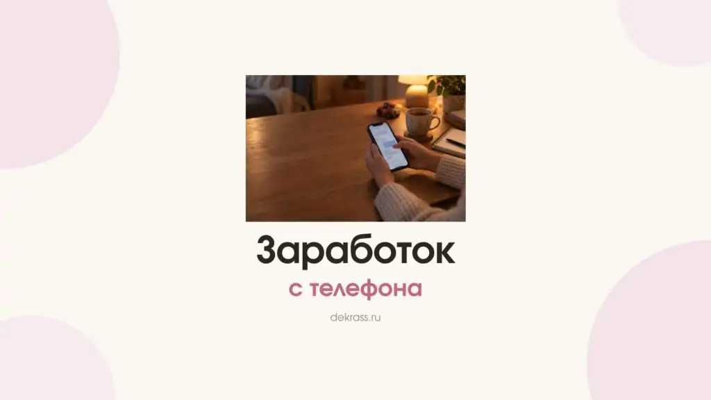 Заработок с телефона: руки в вязаном свитере держат смартфон с открытым чатом, рядом чашка чая
