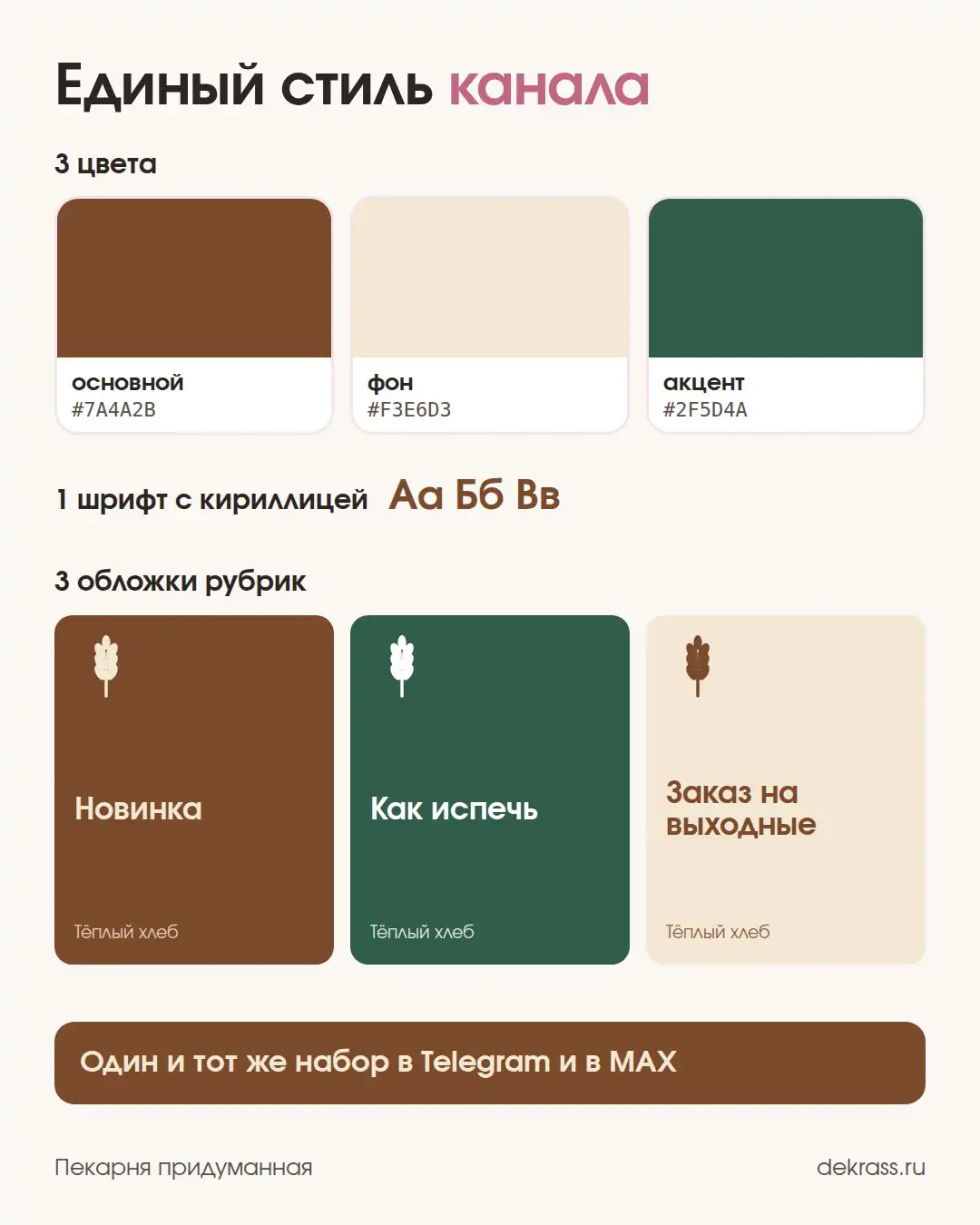 Единый стиль канала в Телеграм и MAX: три цвета, шрифт и три обложки рубрик пекарни
