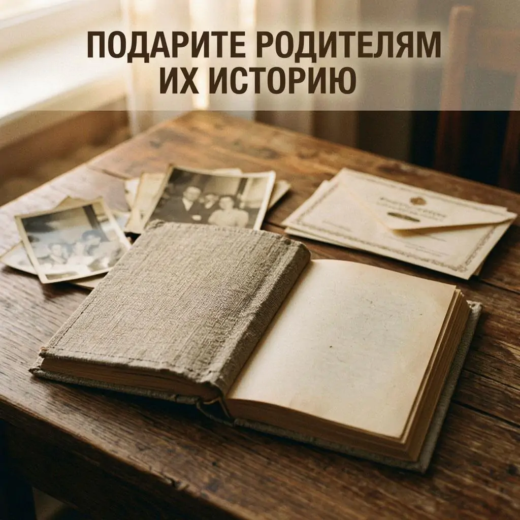 Баннер из Алисы AI по заданию с биржи для работы в декрете: книга памяти, фото с людьми, надпись «Подарите родителям их историю»