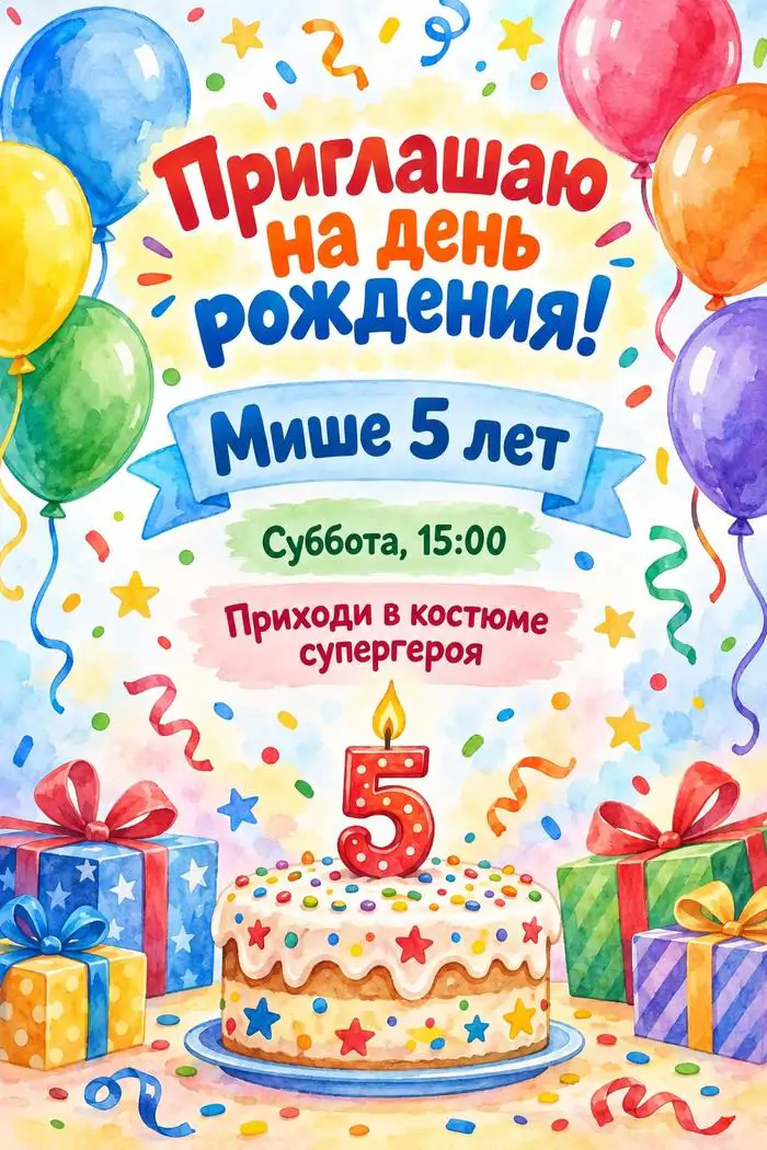 Подработка для мам в декрете: приглашение на детский день рождения с шарами, тортом и текстом без ошибок