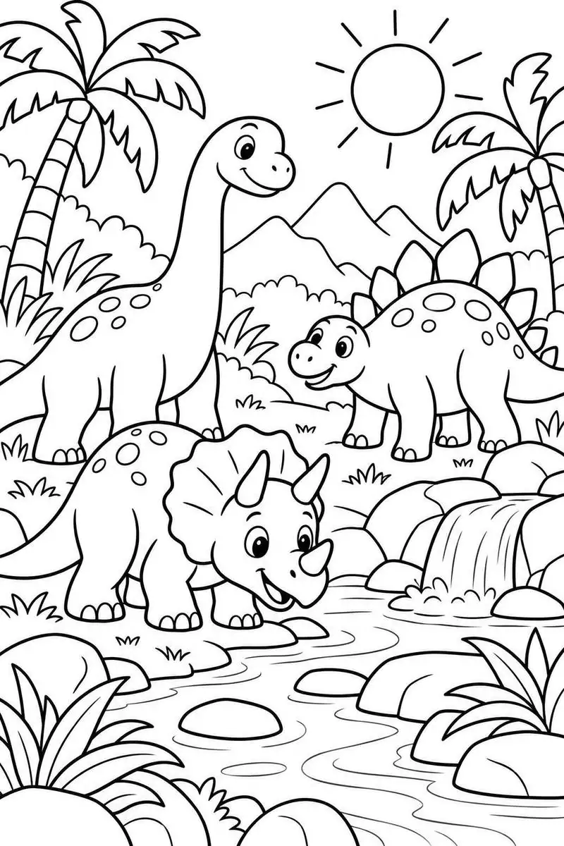 Подработка в декрете на раскрасках: динозавры в лесу для детей 4–6 лет, чёрный контур на белом