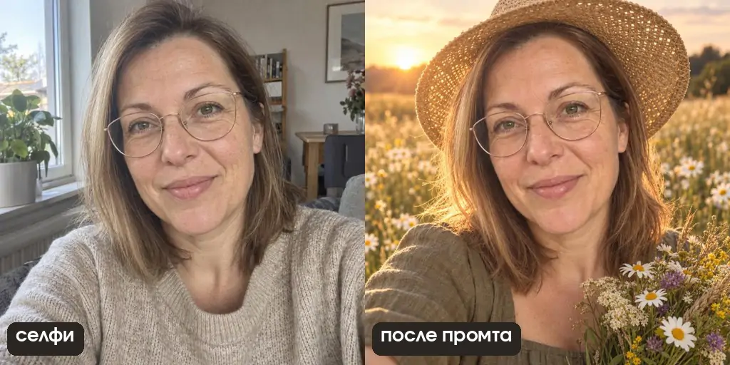 Летний кадр в поле по селфи: снова поза как на селфи