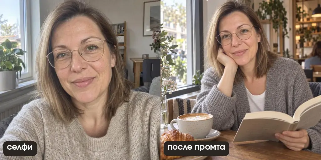 Кадр в кофейне по селфи: женщина в очках с книгой и капучино