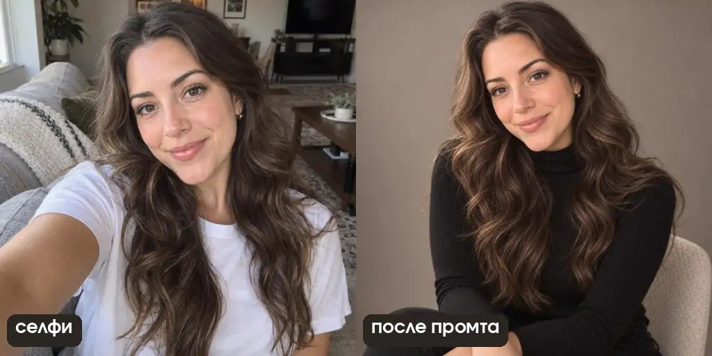 Промт для фото лица с просьбой сделать красивее: лицо стало уже, кожа глаже