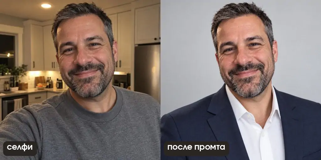 Деловой портрет по селфи мужчины: костюм, серый фон, седина и борода сохранены