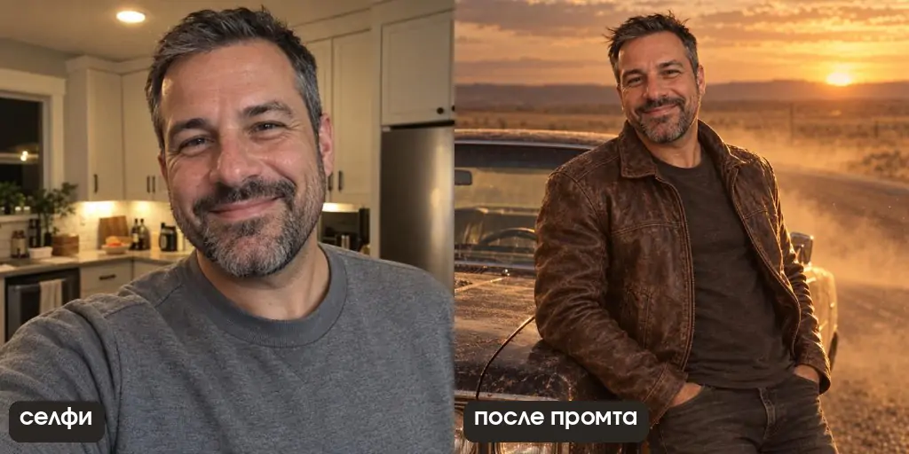 Кадр как из кино по селфи: кожаная куртка, машина, степь на закате
