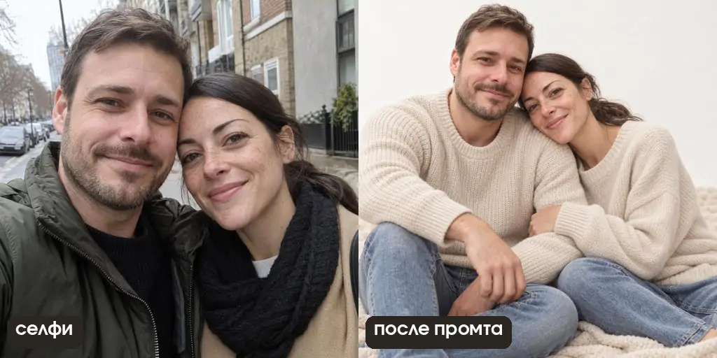 Студийный кадр по общему селфи: белый фон, светлые свитера, плед