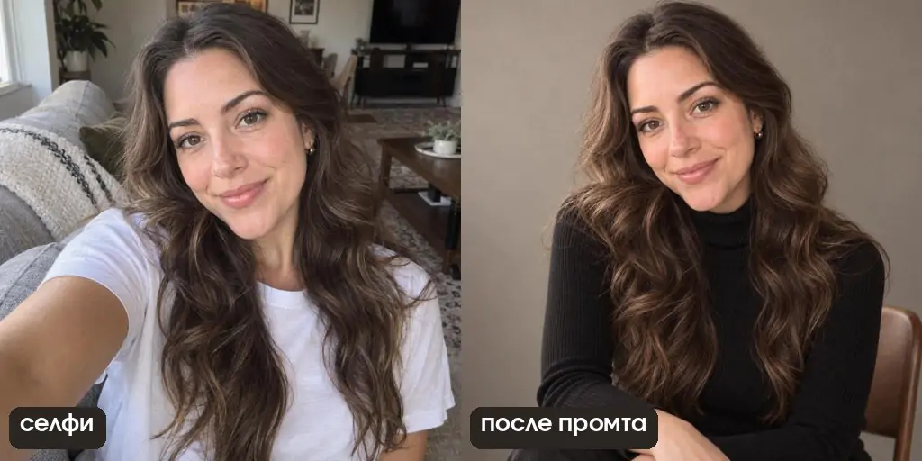 Промт для фотосессии в студии: селфи девушки и портрет в чёрной водолазке, лицо как на селфи