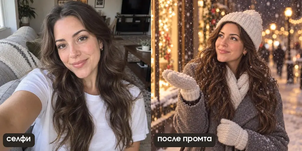 Зимний кадр с фразой это не селфи: снимок со стороны, снег, гирлянды