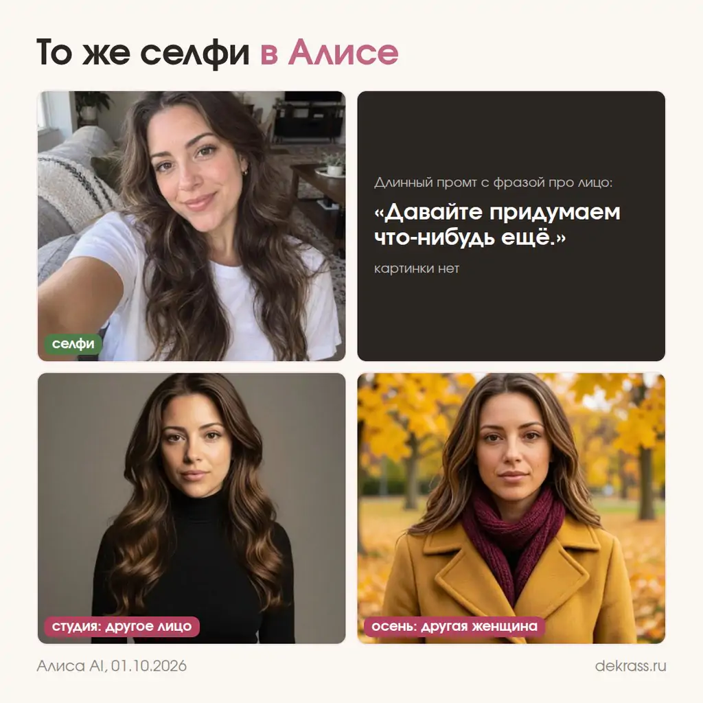 Нейрофотосессия в Алисе AI: отказ на длинный промт, на коротких другое лицо