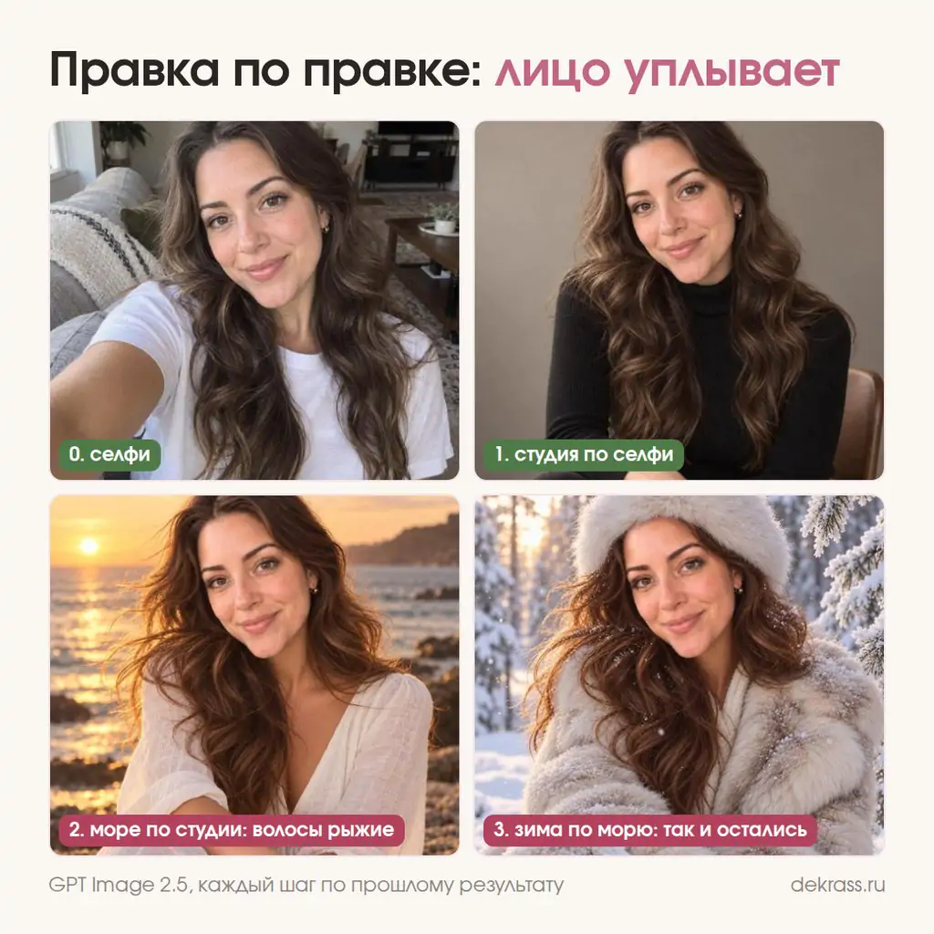 Нейрофотосессия правкой по прошлому результату: селфи, студия, море, зима, волосы рыжеют