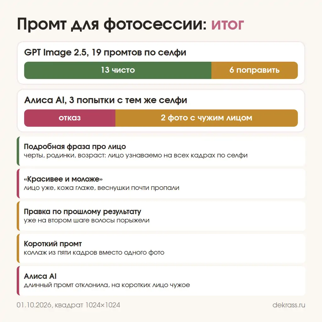 Итог проверки промтов для фотосессии: GPT Image 13 чисто из 19, Алиса AI отказ и чужое лицо