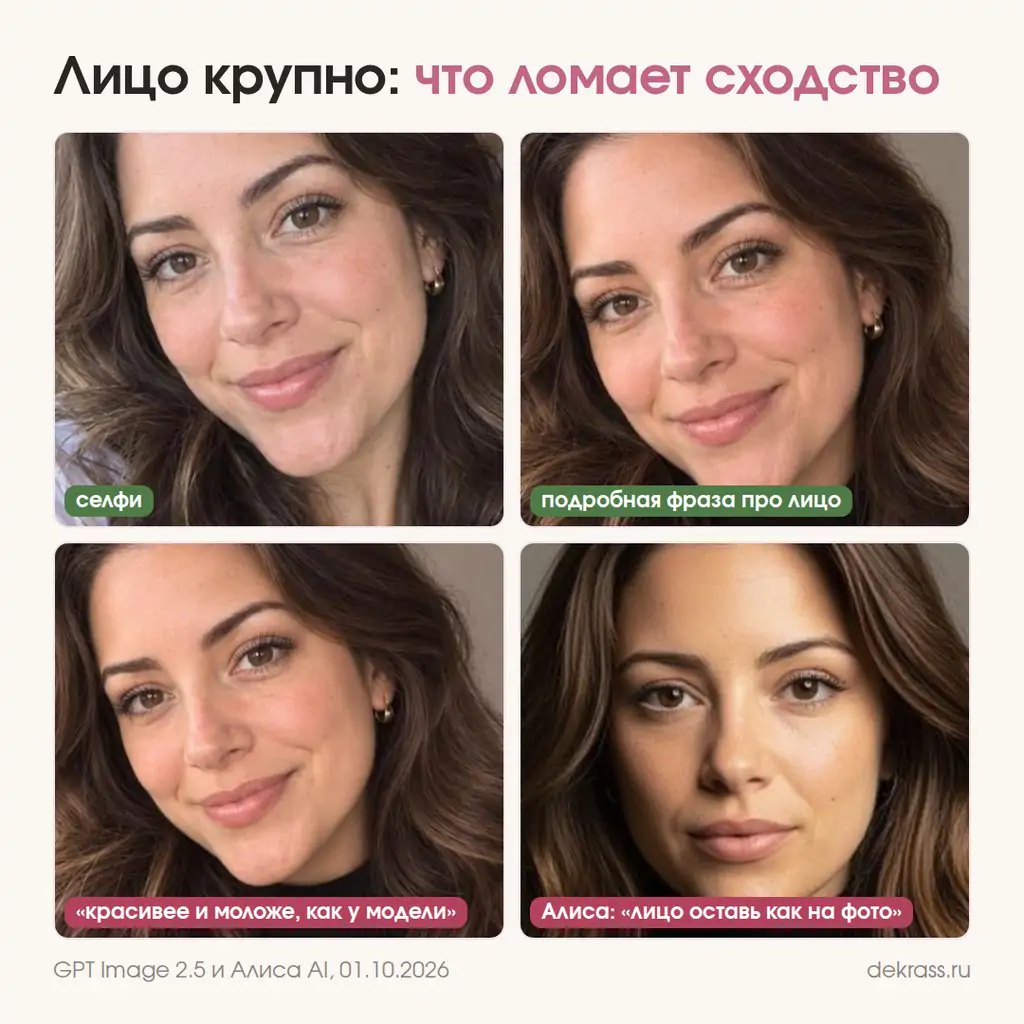 Промт для фото лица: селфи, подробная фраза про лицо, просьба сделать красивее и результат Алисы крупным планом