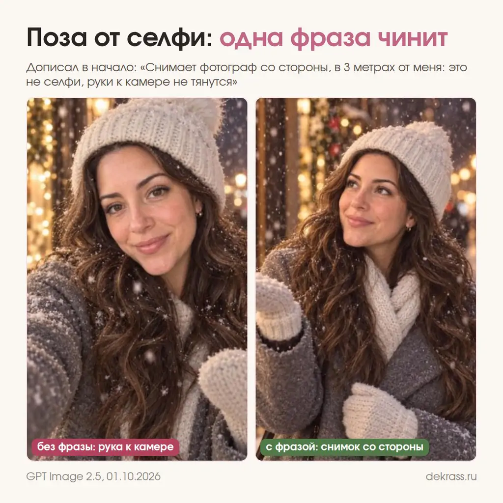 Промт для фотосессии: без фразы кадр как селфи, с фразой снимок со стороны