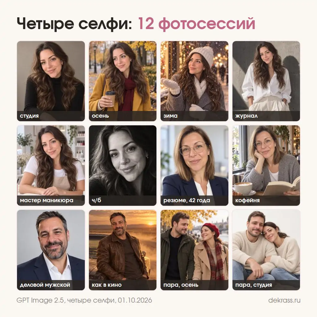 Нейрофотосессия по четырём селфи: студия, осень, зима, журнал, мастер маникюра, деловой портрет, пара
