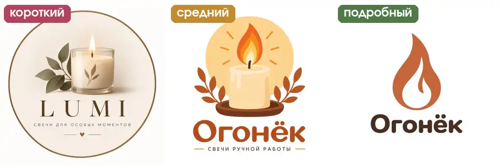 Промт для логотипа магазина свечей: короткий, средний и подробный, логотип Огонёк