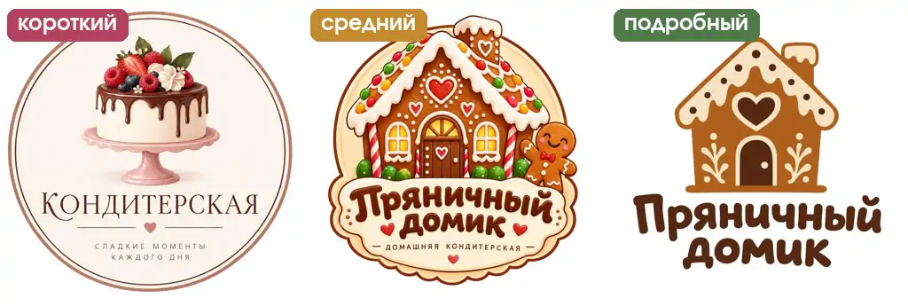 Промт для логотипа кондитерской: торт, пряничный домик с подписями, простой домик