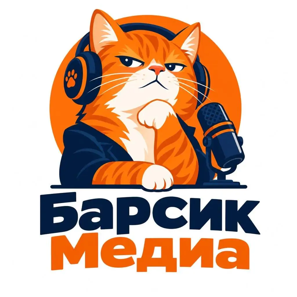 Логотип для кота-блогера Барсик Медиа: рыжий кот в наушниках с микрофоном