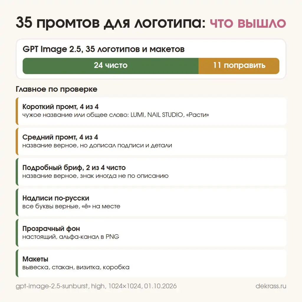 Итог проверки промтов для логотипа: 35 промтов, 24 чисто, 11 поправить
