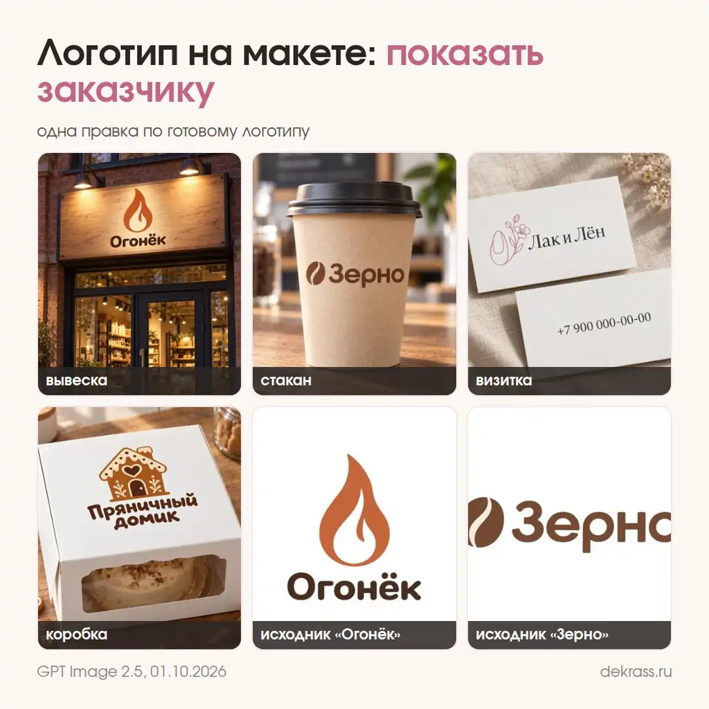 Макет логотипа для заказчика: вывеска, стакан для кофе, визитка, коробка для торта
