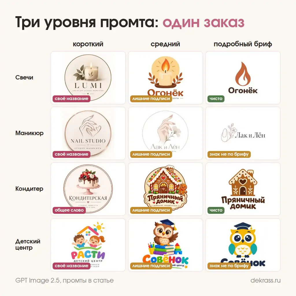 Промт для создания логотипа: короткий, средний и подробный промт на четырёх заказах