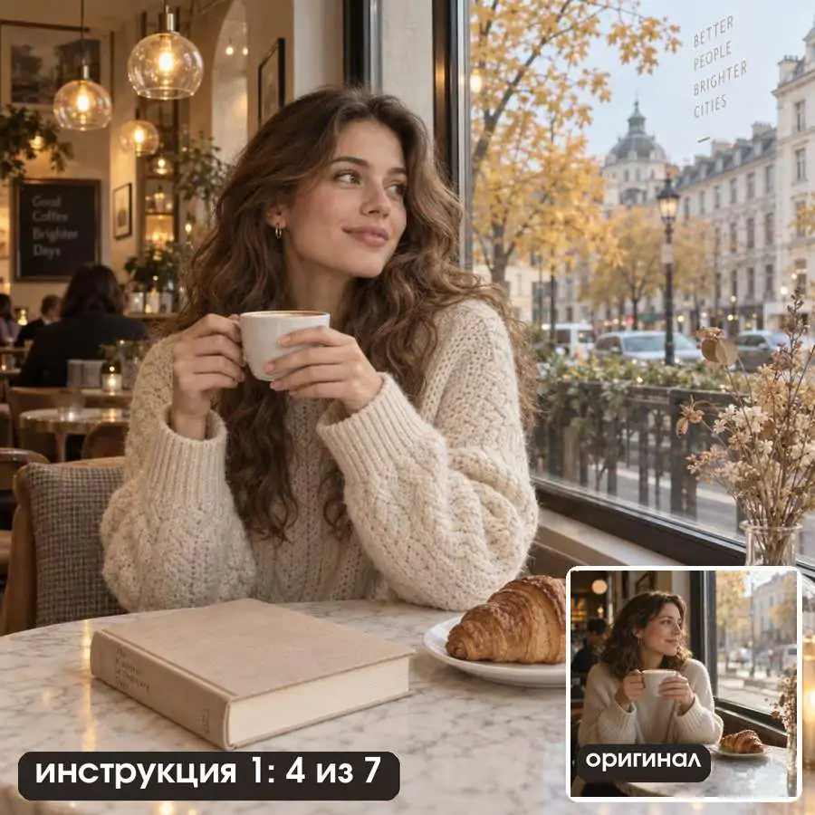 Копия кафе по первой инструкции: надпись на окне и пасмурный свет, 4 из 7, оригинал в углу