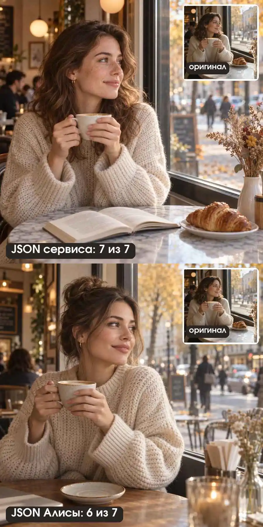 JSON-промт по фото: копия по JSON сервиса 7 из 7 и по короткому JSON 6 из 7, оригинал в углу