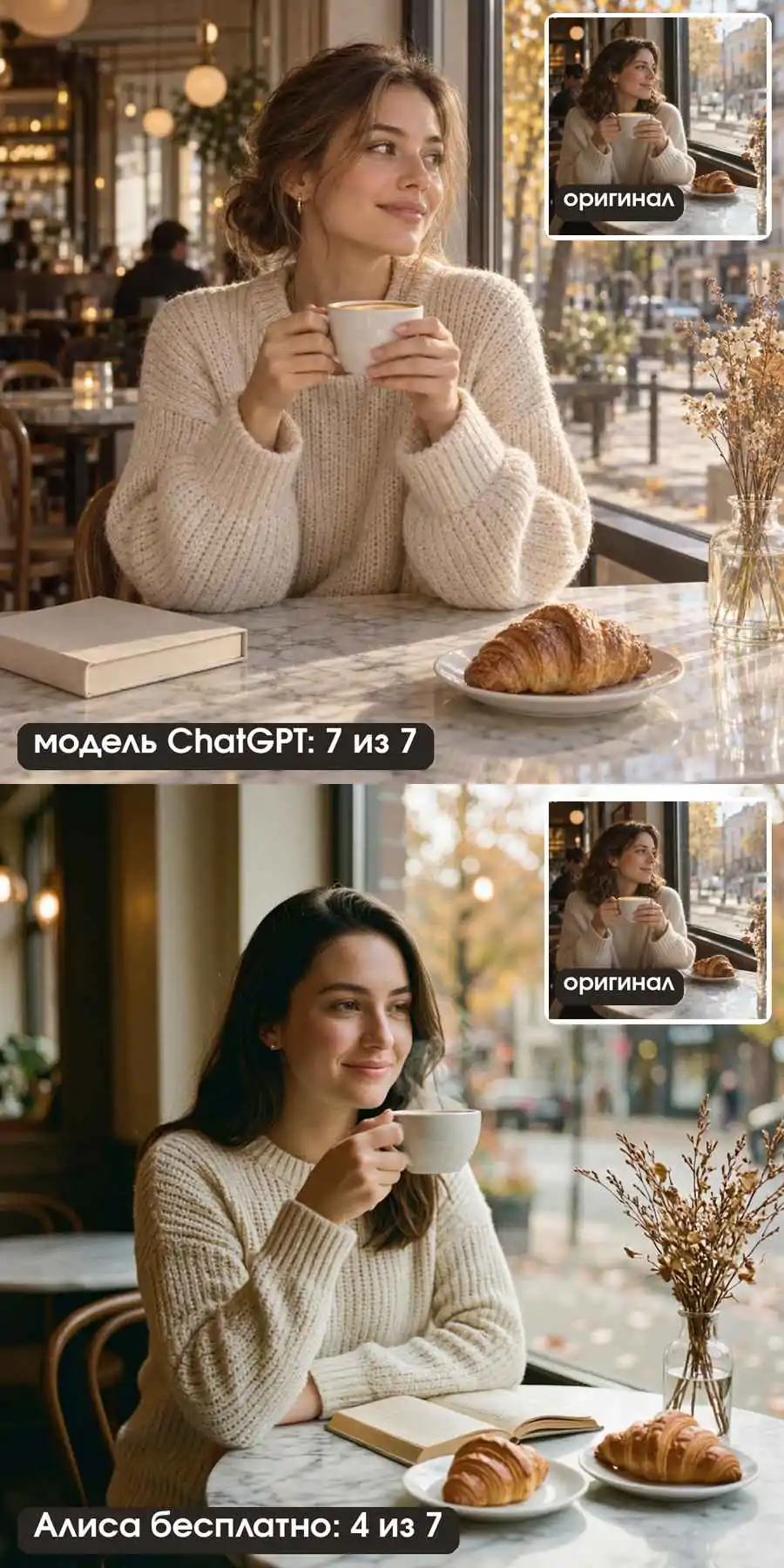 Кафе у окна: копия модели ChatGPT 7 из 7 и копия Алисы AI 4 из 7 по одному описанию снимка, оригинал в углу