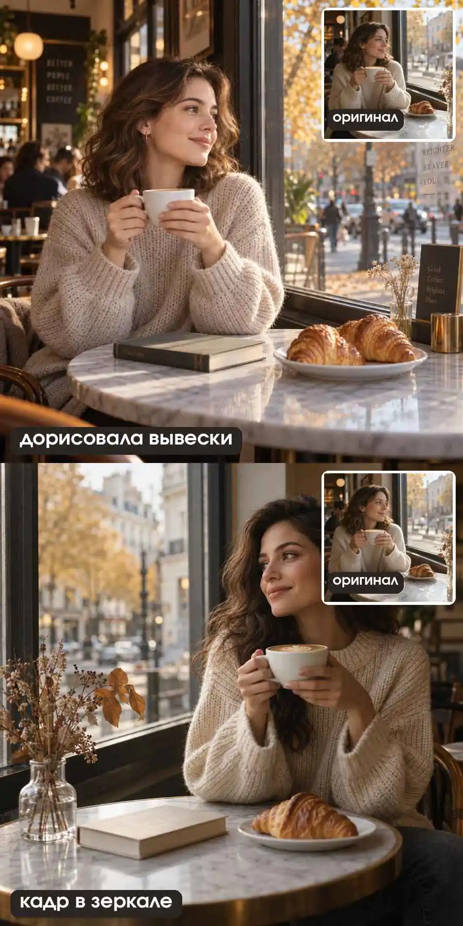 Две ошибки копий по снимку кафе: дорисованные вывески и зеркальный кадр с окном слева, оригинал в углу