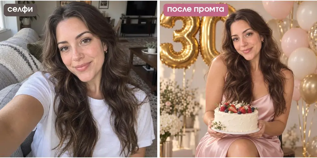 Промт для фото на день рождения девушке: студия, шары-цифры 30 и торт