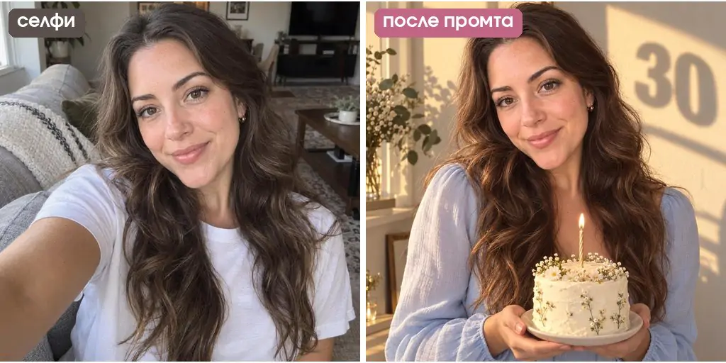 Промт для фото на день рождения: тень с цифрой 30 на стене рядом с девушкой