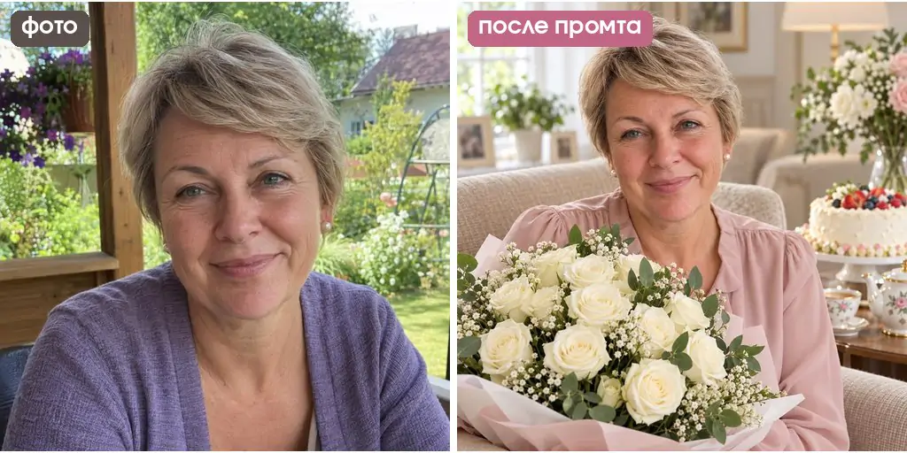 Промт для фото маме на день рождения: праздничный портрет с букетом белых роз
