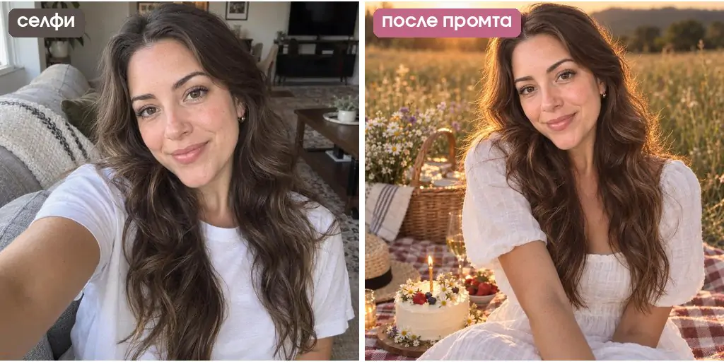 Промт для фотосессии на день рождения: девушка на пикнике на закате с тортом